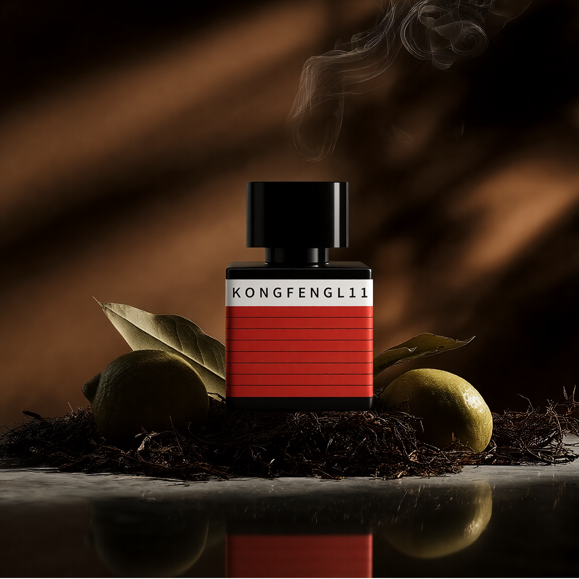 Perfume bottle with red and black design on a dark background